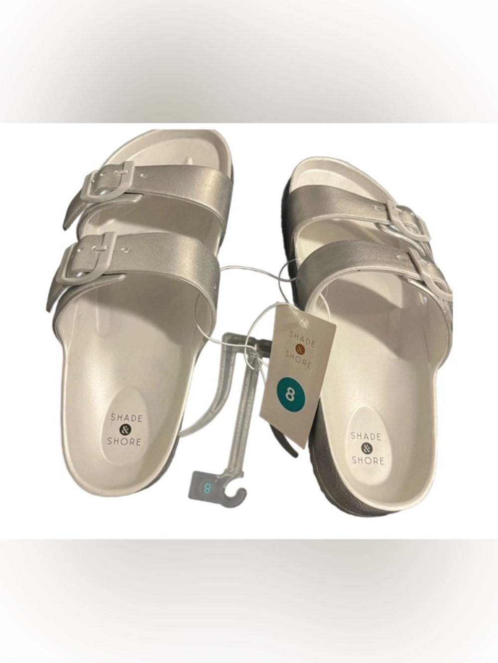 Shade & Shore Women’s Metallic Silver Double-Buckle Slide Sandals